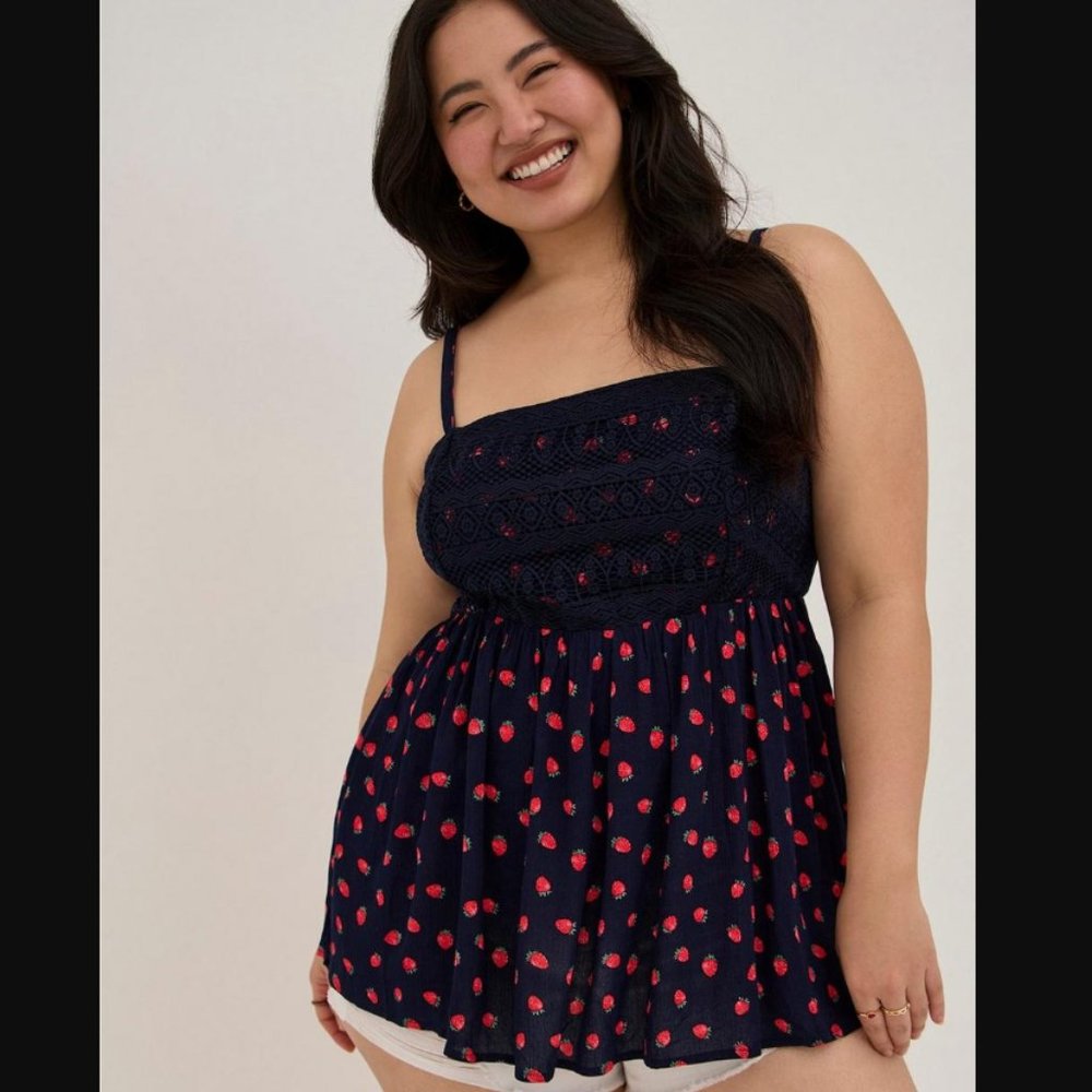 NWT, CUTE** - Babydoll Tank - Gauze Crochet Strawberries Navy | OFFERS WELCOME!